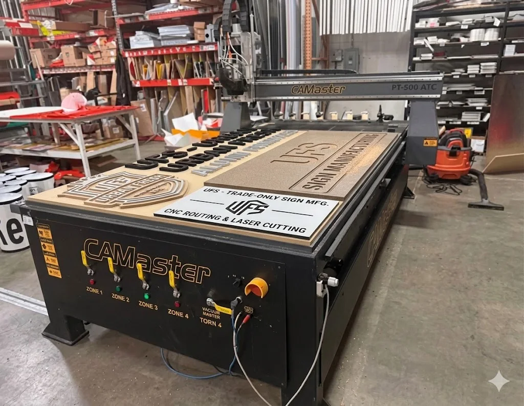 CNC router manufacturing custom sign components from sheet material