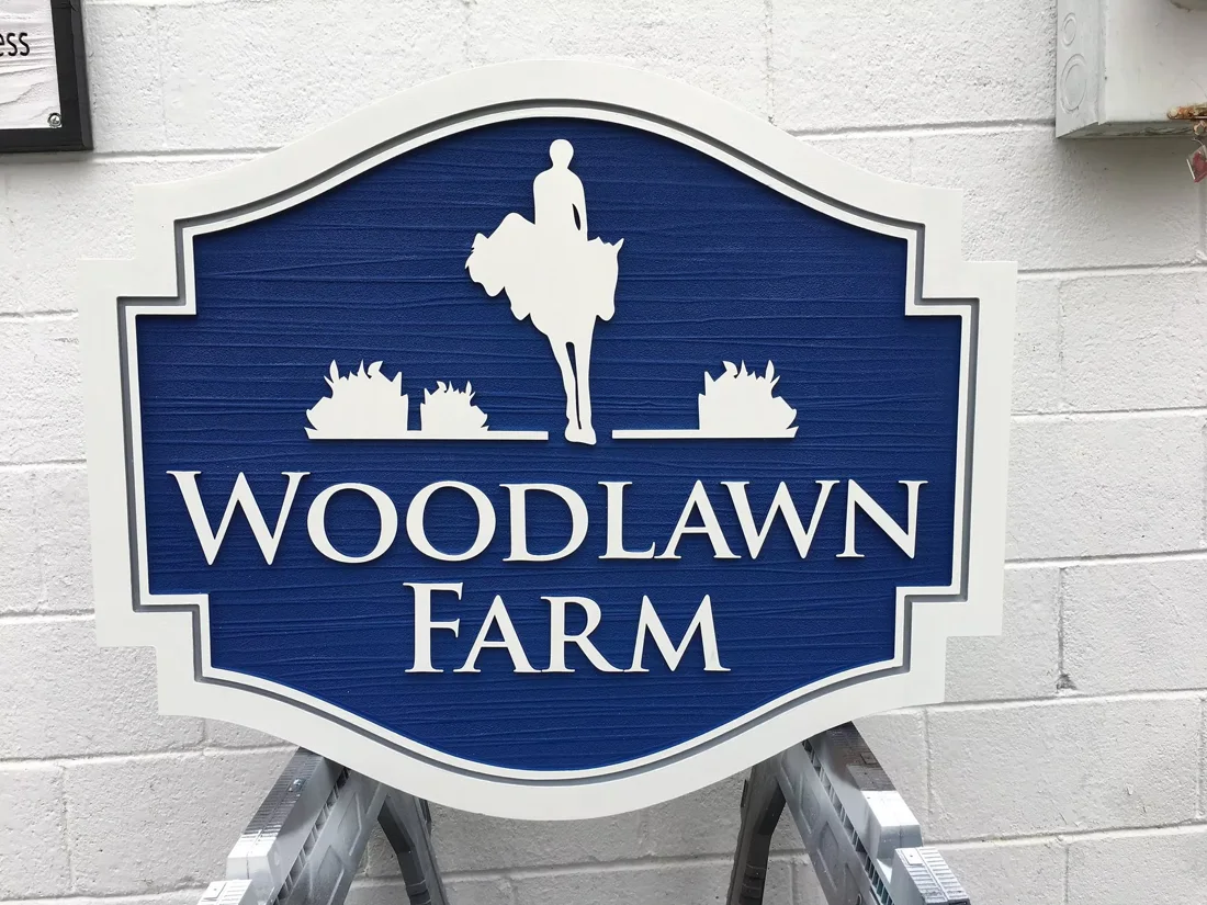 Project 86: Woodland Lawn Farm — shaped dimensional farm sign.