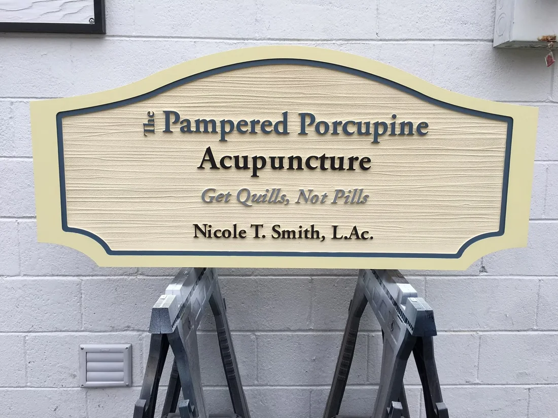 Project 87: The Pampered Porcupine Acupuncture — dimensional healthcare sign.