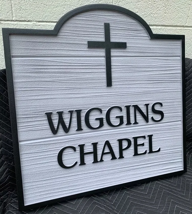 Wiggins Chapel — routed church identification sign.