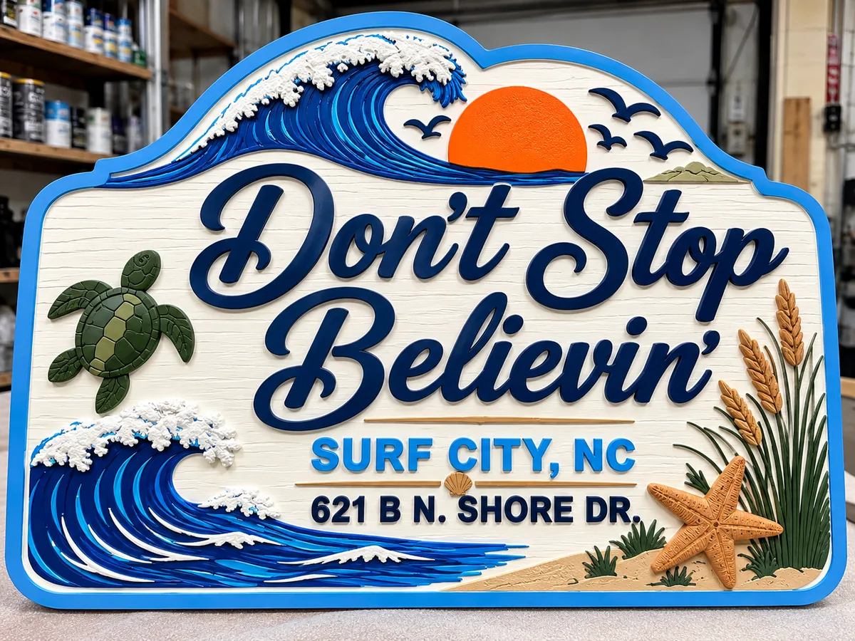 Don’t Stop Believin’ — Surf City, NC — Coastal dimensional sign with raised script, layered waves, sea-life details and a shaped perimeter.