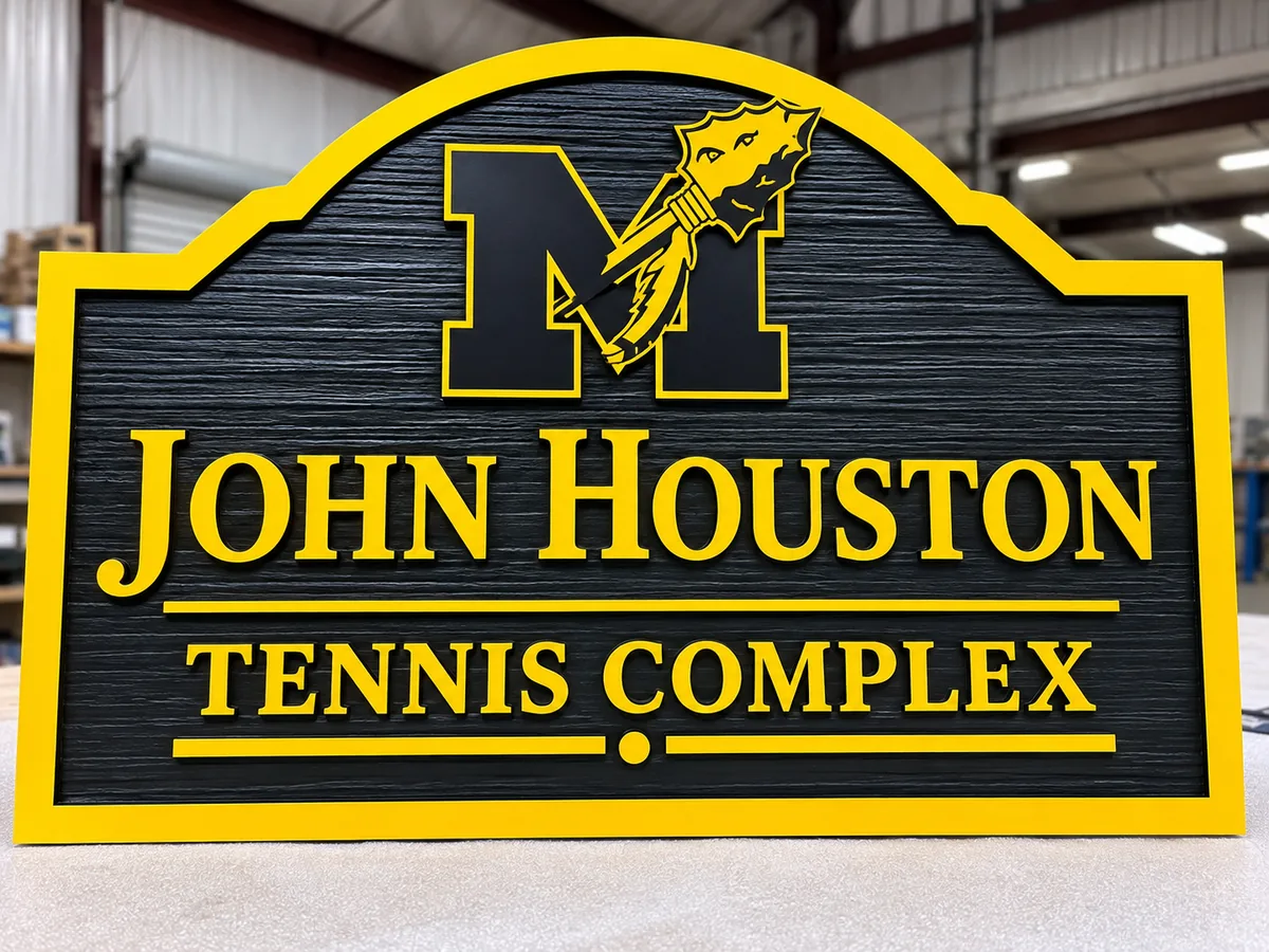 John Houston Tennis Complex — Black-and-gold dimensional sign with a routed woodgrain-style background, raised lettering and layered emblem detail.