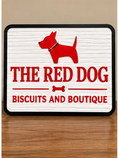 The Red Dog Biscuits and Boutique — Dimensional retail sign with raised red lettering, a layered dog logo and a textured white face.