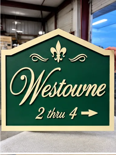 Westowne Directional Sign — 2 thru 4 — Directional property sign with a recessed green face, raised cream lettering and decorative fleur-de-lis detail.