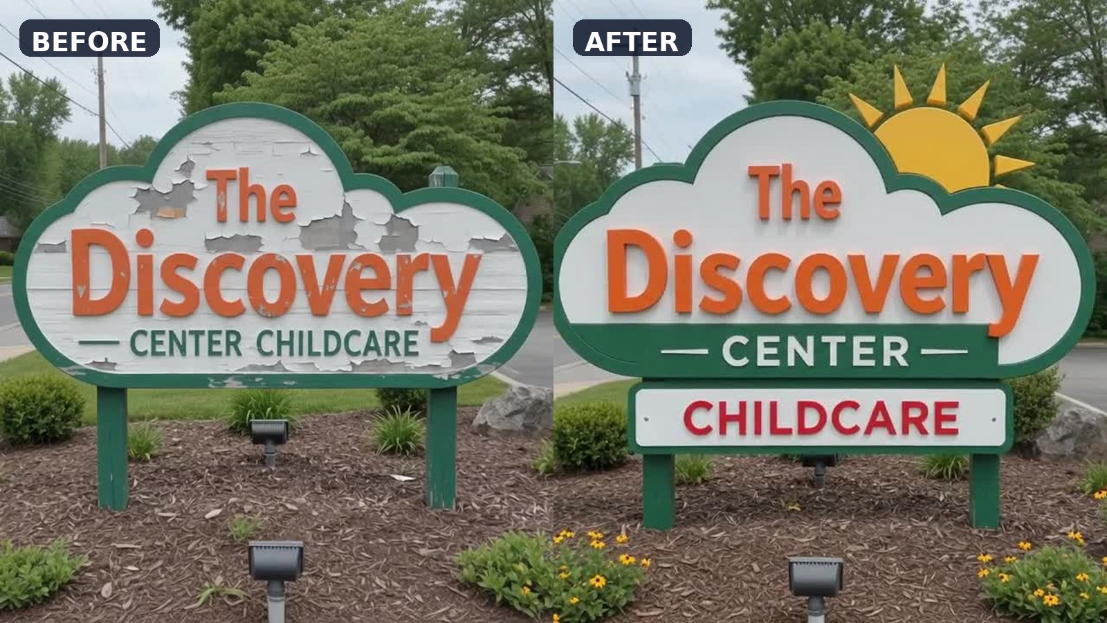 Before and after comparison of the Discovery Center sign