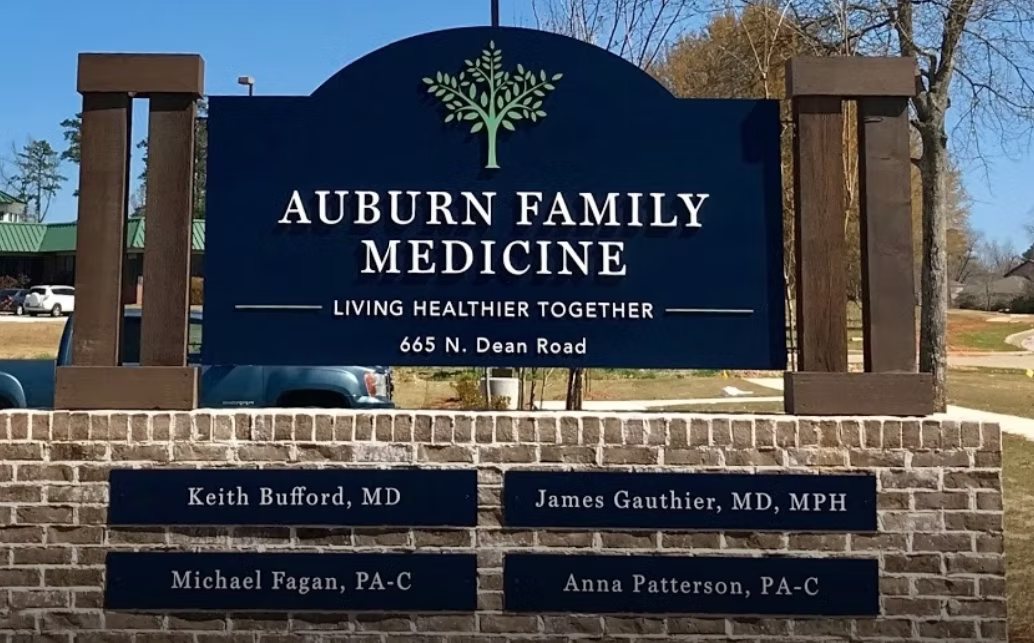 Auburn Family Medicine monument sign with dimensional lettering and logo