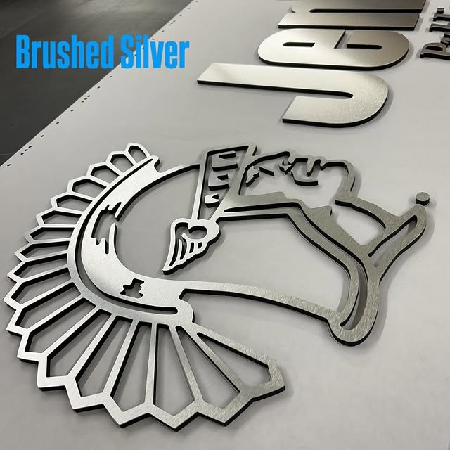 Brushed silver layered mascot logo and dimensional lettering