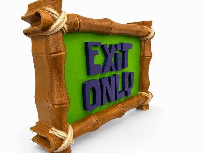 Purple Exit Only dimensional letters inside a sculpted bamboo-style sign frame