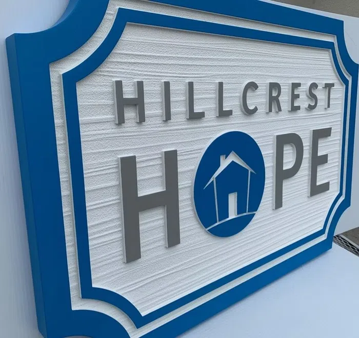 Blue and white Hillcrest Hope church sign