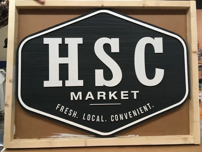 Black and white HSC Market dimensional sign