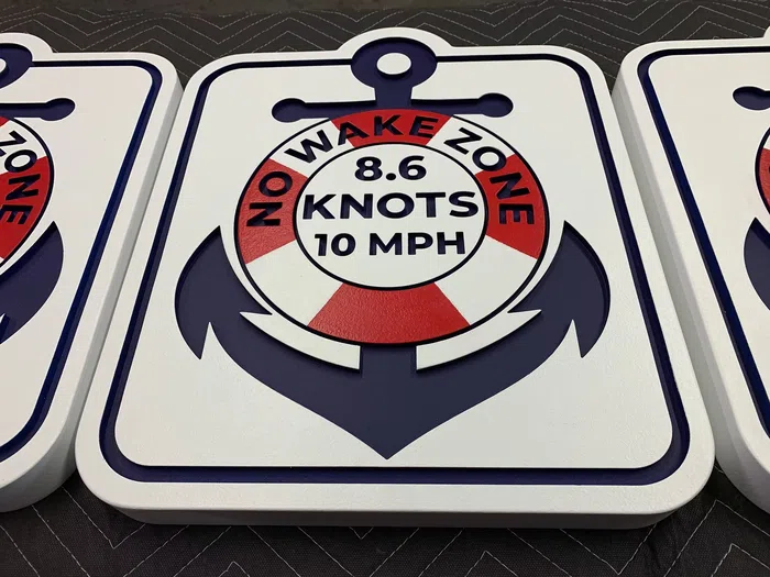 Custom no wake zone marina signs with anchor graphics