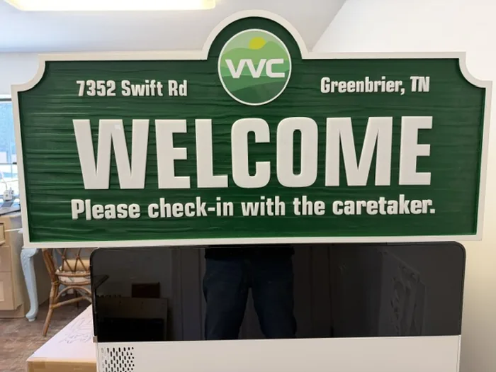 Green VVC Welcome sign for 7352 Swift Road in Greenbrier Tennessee